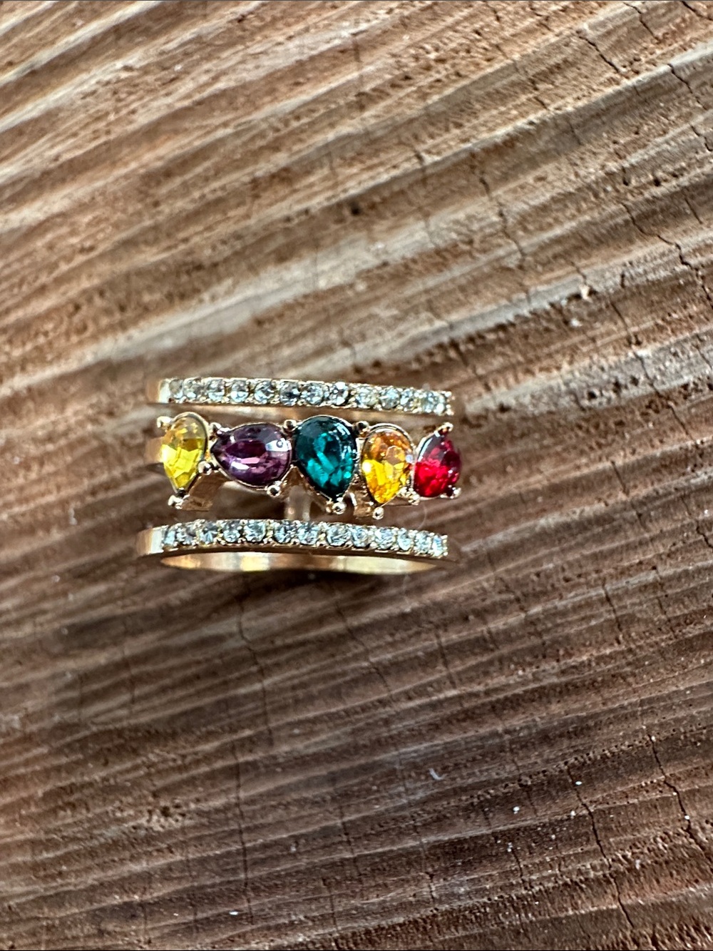 Gold Multi-Gem Pearstack Ring with Pavé Bands - Colorful Stones